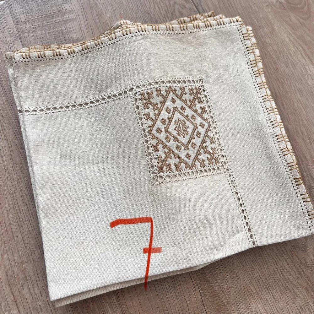 Vintage 16 PCs Beige Linen Lace Brown Embroidered Placemat‎ & Napkins Beautiful